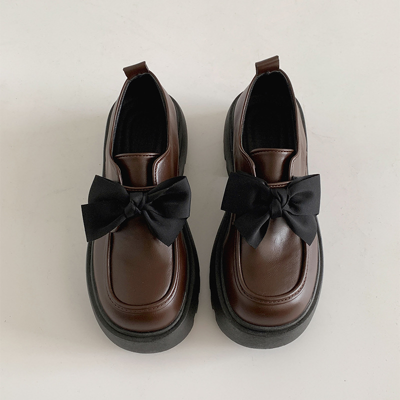 Pantofi mici din piele cu talpă groasă și fundă neagră pentru femei, toamnă nouă 2025, cu fustă, pantofi Mary Jane versatili cu velcro