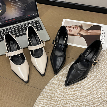 2024 Νέα γυναικεία παπούτσια Mary Jane από δέρμα με χοντρό τακούνι και μυτερή μύτη, σε ρηχό γαλλικό στιλ, κομψά, μονόστρωτα, με χοντρό τακούνι και μεσαίο τακούνι