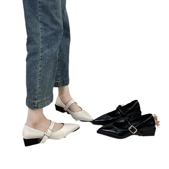 2024 Νέα γυναικεία παπούτσια Mary Jane από δέρμα με χοντρό τακούνι και μυτερή μύτη, σε ρηχό γαλλικό στιλ, κομψά, μονόστρωτα, με χοντρό τακούνι και μεσαίο τακούνι