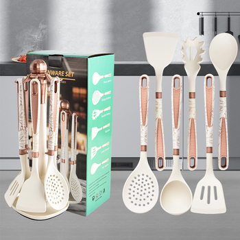 7 dalių virtuvės reikmenų rinkinys su deimanto formos raštu, tinkantis namams su laikymo lentyna, maistiniam, aukštai temperatūrai atspariam, kepimo šaukštui, kastuvui