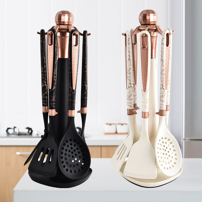 7 dalių virtuvės reikmenų rinkinys su deimanto formos raštu, tinkantis namams su laikymo lentyna, maistiniam, aukštai temperatūrai atspariam, kepimo šaukštui, kastuvui