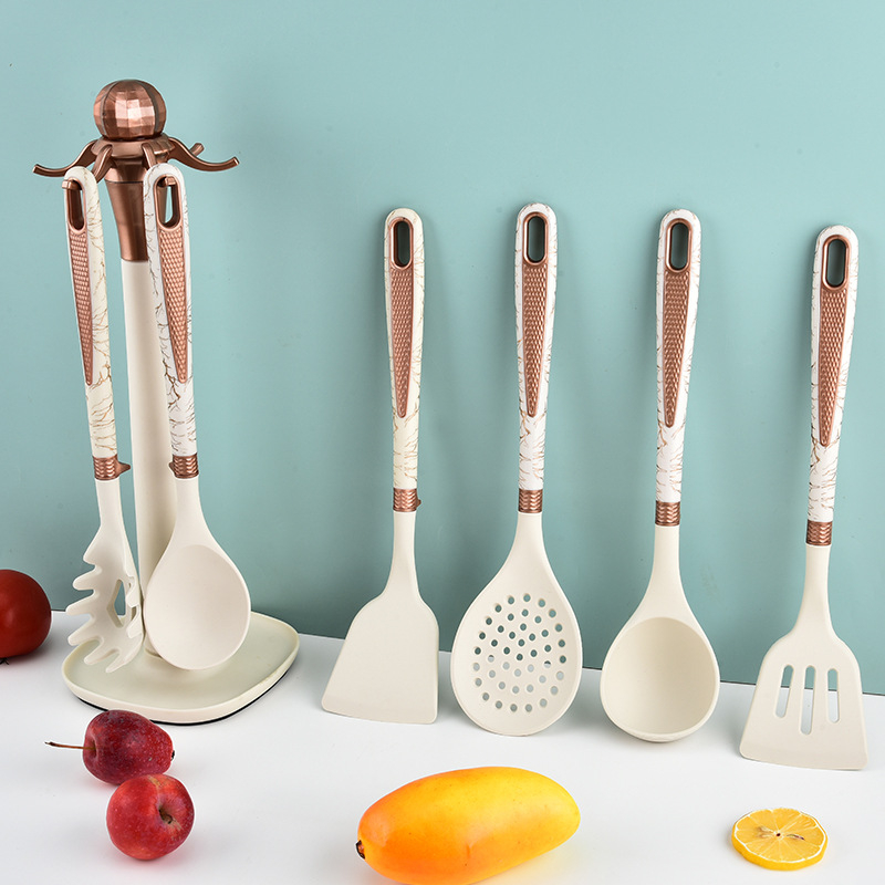 7 dalių virtuvės reikmenų rinkinys su deimanto formos raštu, tinkantis namams su laikymo lentyna, maistiniam, aukštai temperatūrai atspariam, kepimo šaukštui, kastuvui