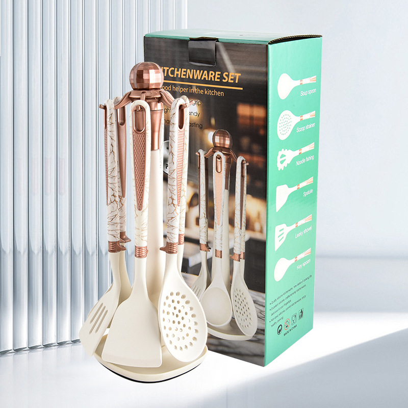 7 dalių virtuvės reikmenų rinkinys su deimanto formos raštu, tinkantis namams su laikymo lentyna, maistiniam, aukštai temperatūrai atspariam, kepimo šaukštui, kastuvui