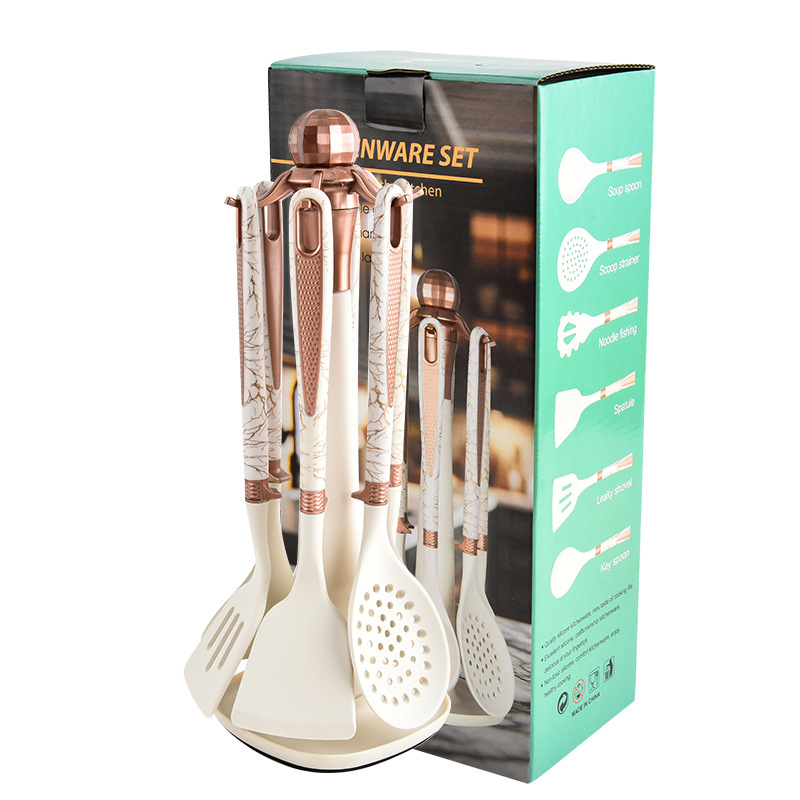 7 dalių virtuvės reikmenų rinkinys su deimanto formos raštu, tinkantis namams su laikymo lentyna, maistiniam, aukštai temperatūrai atspariam, kepimo šaukštui, kastuvui