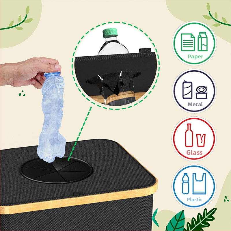 Bambusový úložný kôš s odnímateľným vekom na recyklačné fľaše, odpadkový kôš, kuchynský domáci skladací recyklačný box