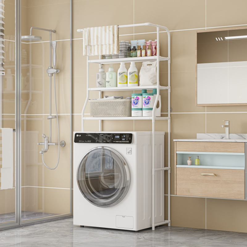 Skalbimo mašinos viršutinis laikymo stovas vonios kambariui, rankšluosčių kabykla, tualeto stovas su apsauga nuo vagystės