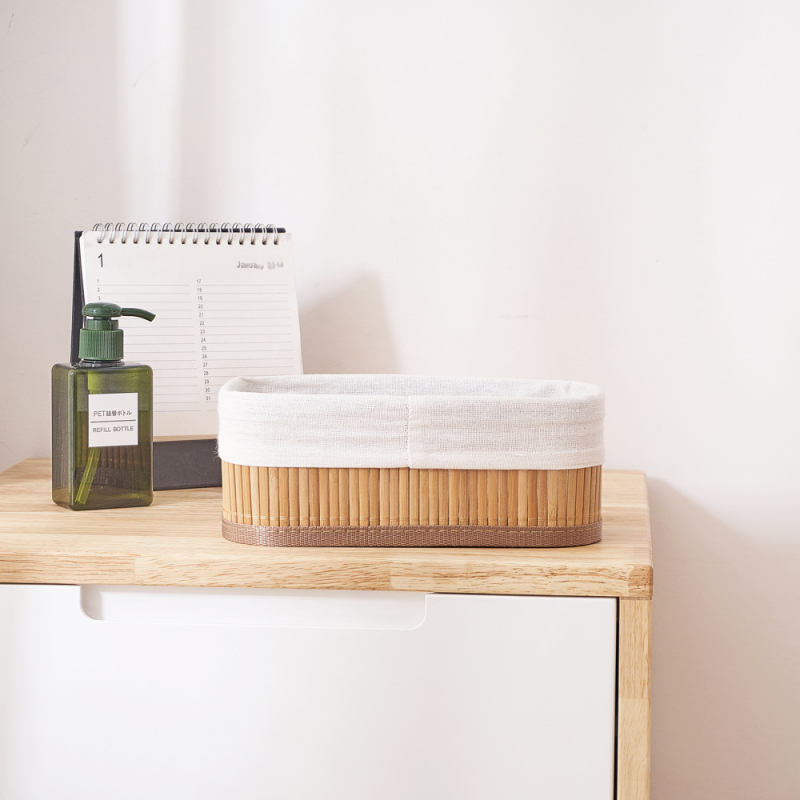 Bambusz szőtt tárolókosár, szövetből készült asztali kozmetikai tárolódoboz, kézzel szőtt kosár, pásztorszövött játéktároló kosár