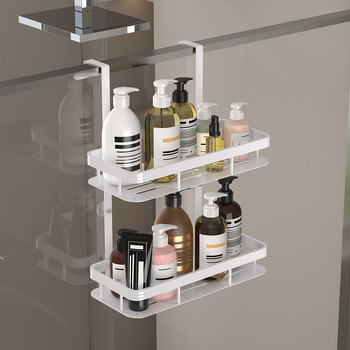 Dušo lentynėlė su kabliukais gale, vonios kambariui, tualetui, daugiafunkcinė, dvigubų durų galinė lentynėlė be perforatorių.