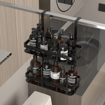 Dušo lentynėlė su kabliukais gale, vonios kambariui, tualetui, daugiafunkcinė, dvigubų durų galinė lentynėlė be perforatorių.