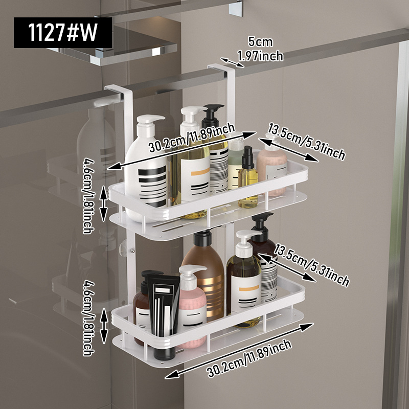 Dušo lentynėlė su kabliukais gale, vonios kambariui, tualetui, daugiafunkcinė, dvigubų durų galinė lentynėlė be perforatorių.
