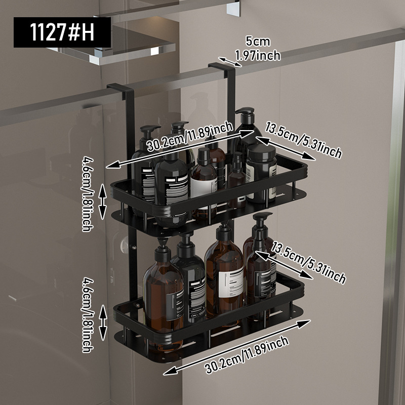 Dušo lentynėlė su kabliukais gale, vonios kambariui, tualetui, daugiafunkcinė, dvigubų durų galinė lentynėlė be perforatorių.