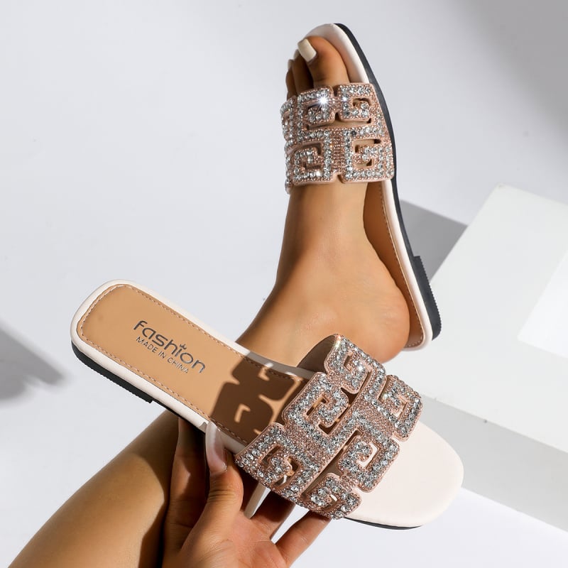 2025 m. vasaros naujos korėjietiško stiliaus šlepetės su cirkoniais, plokščios šlepetės, moteriški laisvalaikio viršutiniai drabužiai, žemo kulno šlepetės, basutės