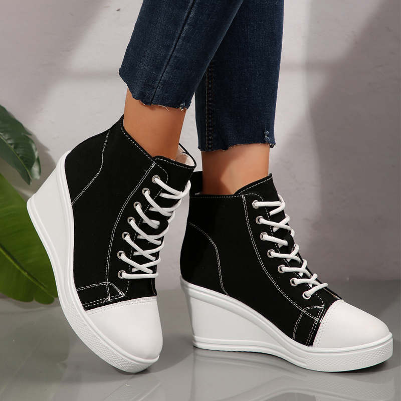2025 Νέα μεγάλα ψηλοτάκουνα παπούτσια από καμβά για γυναίκες, με πλατφόρμες, τακούνια με χοντρή σόλα και σφήνα, μοντέρνα και ευέλικτα ψηλοτάκουνα παπούτσια με κορδόνια