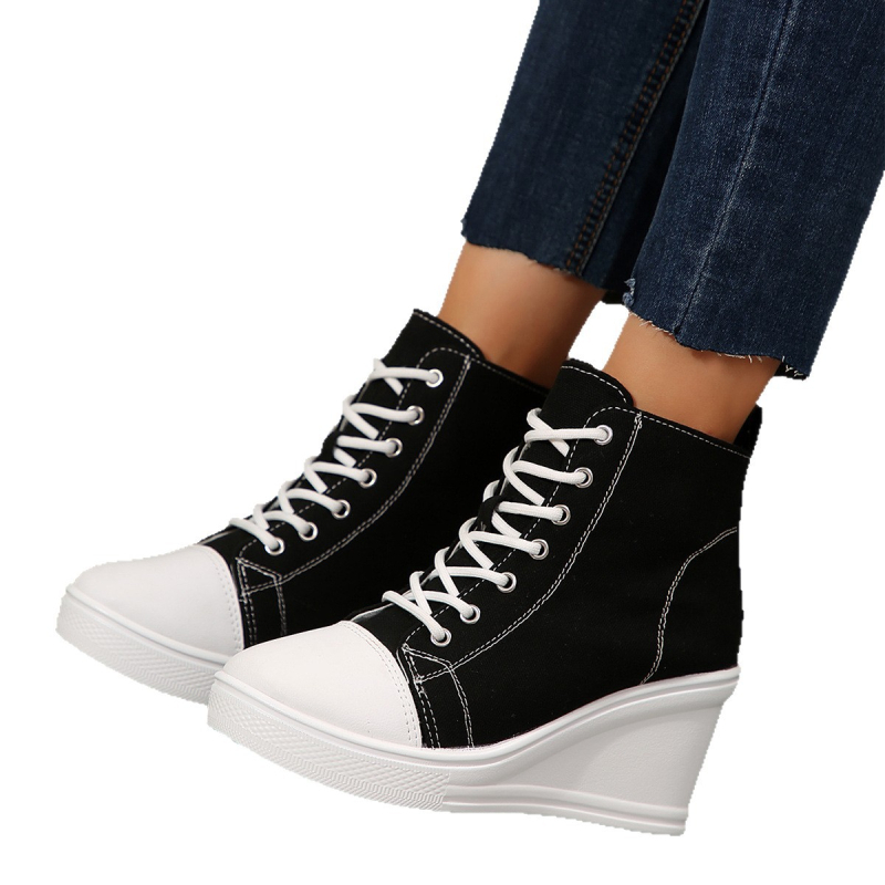 2025 Νέα μεγάλα ψηλοτάκουνα παπούτσια από καμβά για γυναίκες, με πλατφόρμες, τακούνια με χοντρή σόλα και σφήνα, μοντέρνα και ευέλικτα ψηλοτάκουνα παπούτσια με κορδόνια