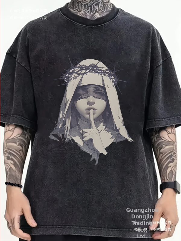 1 darab férfi lezser mintás póló, tiszta pamut rövid ujjú, művészi bekötött szemű nő szögesdrót mintával, laza szabású