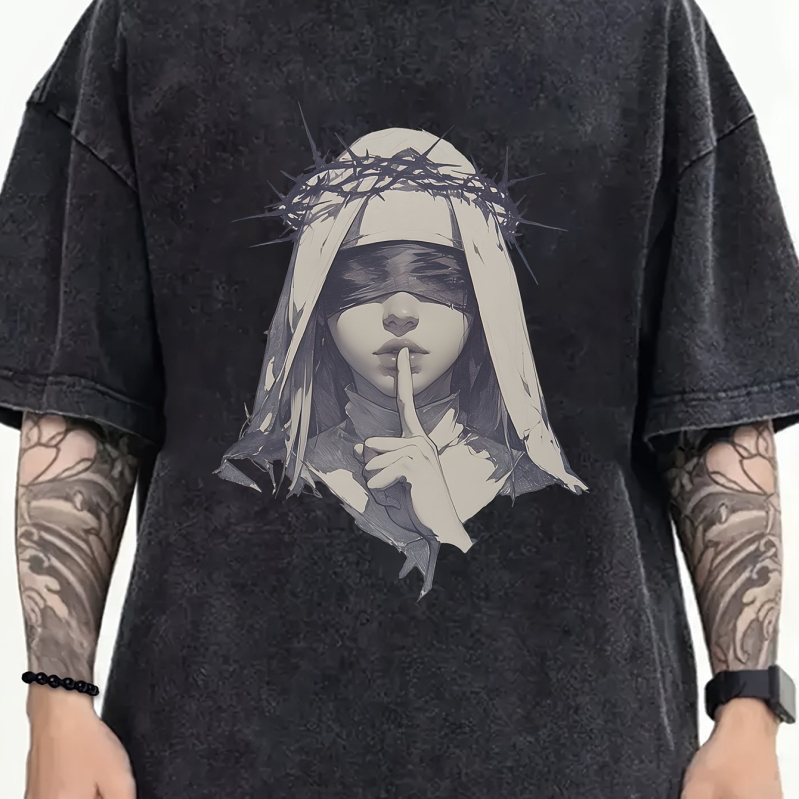 1 darab férfi lezser mintás póló, tiszta pamut rövid ujjú, művészi bekötött szemű nő szögesdrót mintával, laza szabású