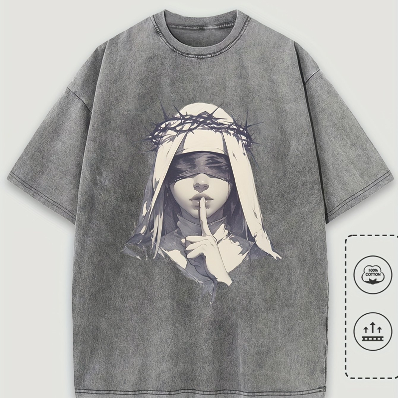 1 darab férfi lezser mintás póló, tiszta pamut rövid ujjú, művészi bekötött szemű nő szögesdrót mintával, laza szabású