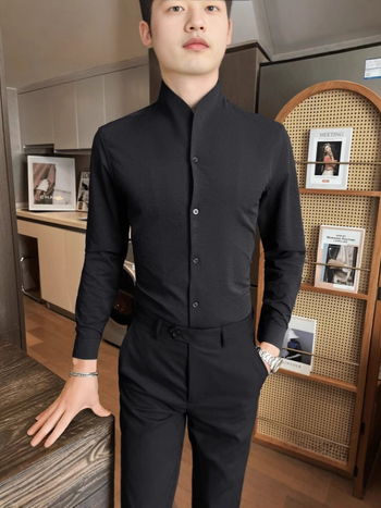 Υψηλής ποιότητας ανδρικό πουκάμισο Zhongshan με γιακά, μοντέρνο, φθινοπωρινό, νέο, κινέζικο ανδρικό πουκάμισο με ελαφρύ γιακά, casual, planky, όμορφο