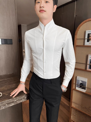 Υψηλής ποιότητας ανδρικό πουκάμισο Zhongshan με γιακά, μοντέρνο, φθινοπωρινό, νέο, κινέζικο ανδρικό πουκάμισο με ελαφρύ γιακά, casual, planky, όμορφο