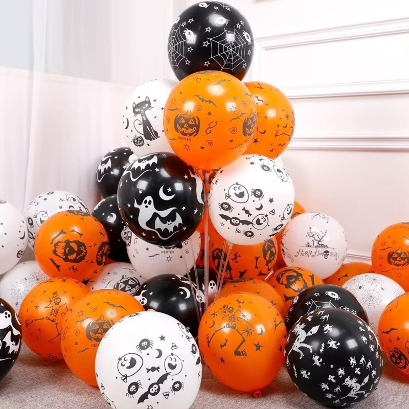 12 colių Helovino balionų baro prekybos centro dekoracija, vaiduoklių festivalis, siaubas, juodas oranžinis moliūgų šikšnosparnio skeletas