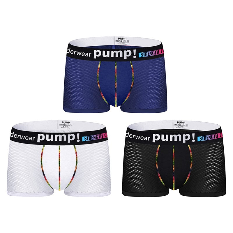 PUMP új férfi boxeralsó, hálós, lélegző, szexi, sportos, divatos, alacsony derekú, egyszínű, divatos rövidnadrág