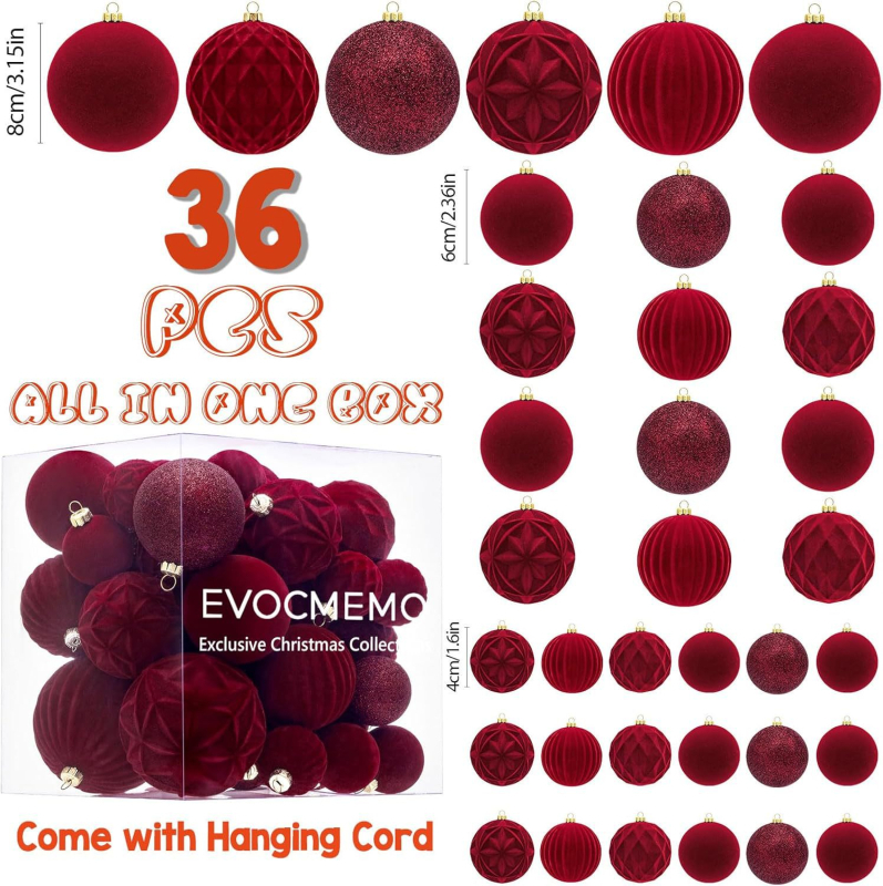 Amazonov novi set božićnih ukrasa od baršuna, 4/6/8 cm, 36 komada, nelomljivi, veleprodaja