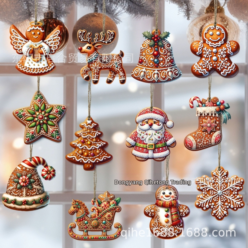 Costum de Crăciun din lemn, model de turtă dulce și Moș Crăciun, potrivit pentru ornamente de brad și cadouri de sărbători