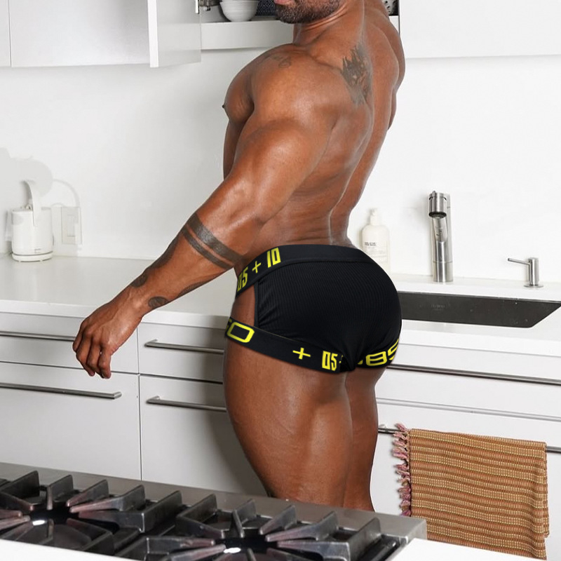 [Juoda figūra] seksualios vyriškos kelnaitės su aukštu šakute, siūlinės medvilnės sportinės U formos išgaubti klubai, vyriški apatiniai