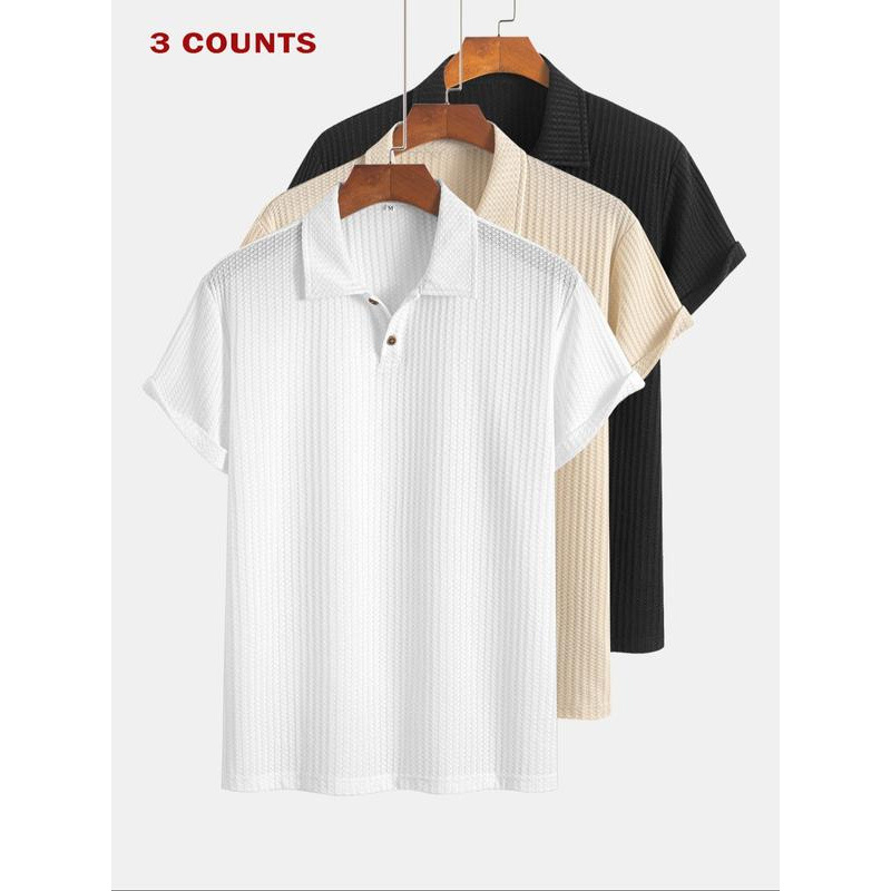 Férfi egyszínű, jacquard kötött rövid ujjú póló