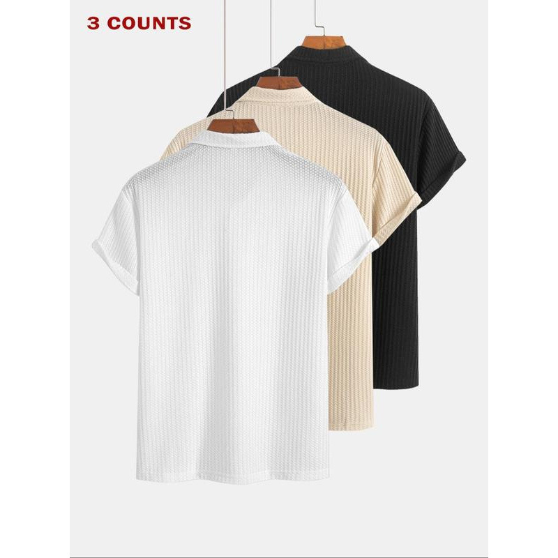 Férfi egyszínű, jacquard kötött rövid ujjú póló