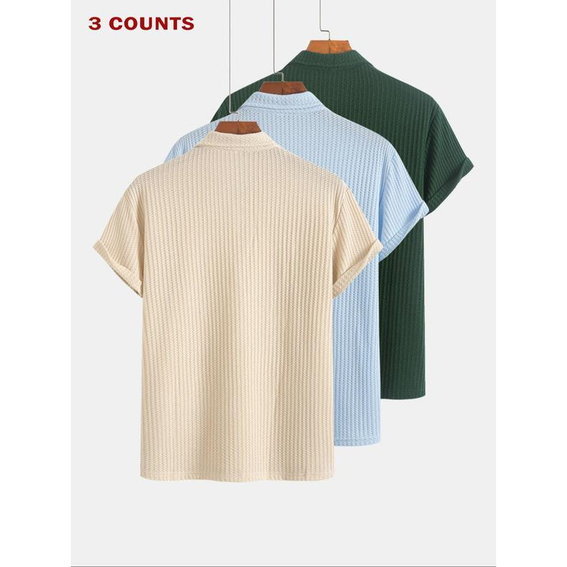 Férfi egyszínű, jacquard kötött rövid ujjú póló