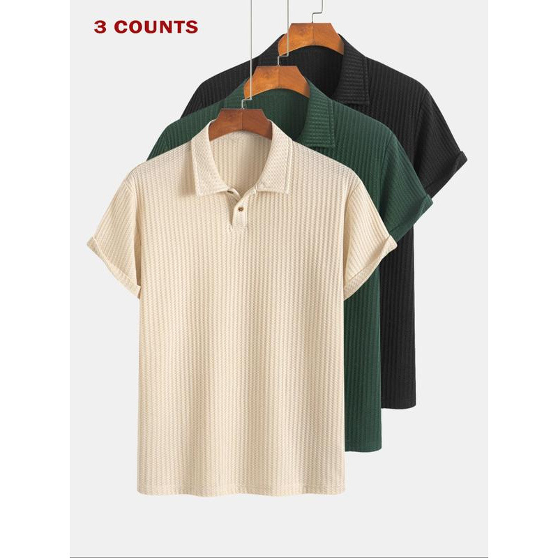 Férfi egyszínű, jacquard kötött rövid ujjú póló