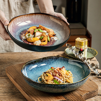 Η Alley προτείνει πιάτο σαλάτας 9 ιντσών κεραμικό βαθύ πιάτο σούπας ελαφρύ πολυτελές ακανόνιστο ρετρό πιάτο οικιακής χρήσης