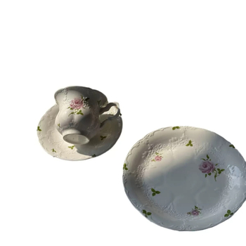 Γαλλικό vintage vintage ανάγλυφο λουλούδι κεραμικό φλιτζάνι και πιατάκι απογευματινό τσάι καφέ επιδόρπιο οικιακό δυτικό πιάτο πρωινού