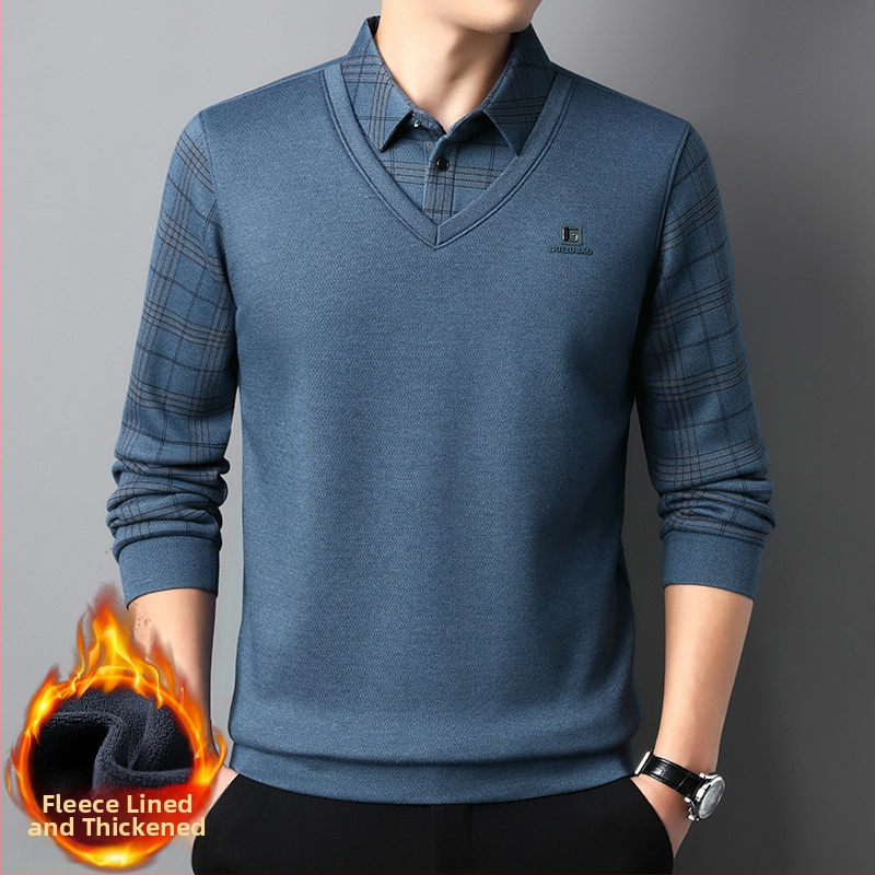 Férfi téli hosszú ujjú, polár bélésű, hamis kétrészes póló, üzleti felső, laza, vastagított, meleg kétrészes szett férfiaknak