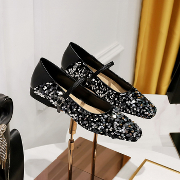 792-8 Κορεάτικα μοντέρνα παπούτσια με φλατ τακούνι, άνοιξη και φθινόπωρο, ρηχό στόμα, μικρό τετράγωνο κεφάλι με λαμπερές παγιέτες, γυναικεία παπούτσια με φλατ τακούνι