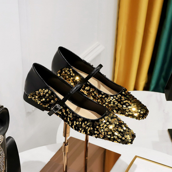 792-8 Κορεάτικα μοντέρνα παπούτσια με φλατ τακούνι, άνοιξη και φθινόπωρο, ρηχό στόμα, μικρό τετράγωνο κεφάλι με λαμπερές παγιέτες, γυναικεία παπούτσια με φλατ τακούνι