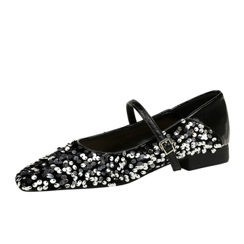 792-8 Κορεάτικα μοντέρνα παπούτσια με φλατ τακούνι, άνοιξη και φθινόπωρο, ρηχό στόμα, μικρό τετράγωνο κεφάλι με λαμπερές παγιέτες, γυναικεία παπούτσια με φλατ τακούνι