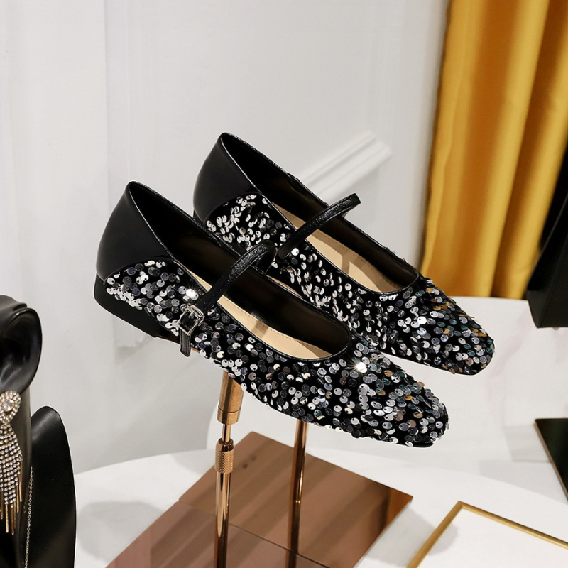 792-8 Koreai divatos lapos sarkú cipők tavaszi és őszi, sekély szájú, kis szögletes fejű, csillogó flitterekkel ellátott, lapos sarkú női cipők