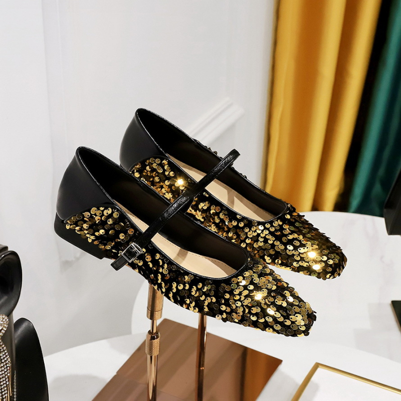 792-8 Koreai divatos lapos sarkú cipők tavaszi és őszi, sekély szájú, kis szögletes fejű, csillogó flitterekkel ellátott, lapos sarkú női cipők