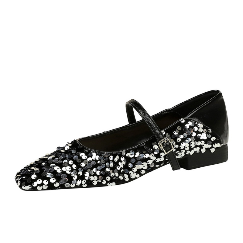 792-8 Koreai divatos lapos sarkú cipők tavaszi és őszi, sekély szájú, kis szögletes fejű, csillogó flitterekkel ellátott, lapos sarkú női cipők