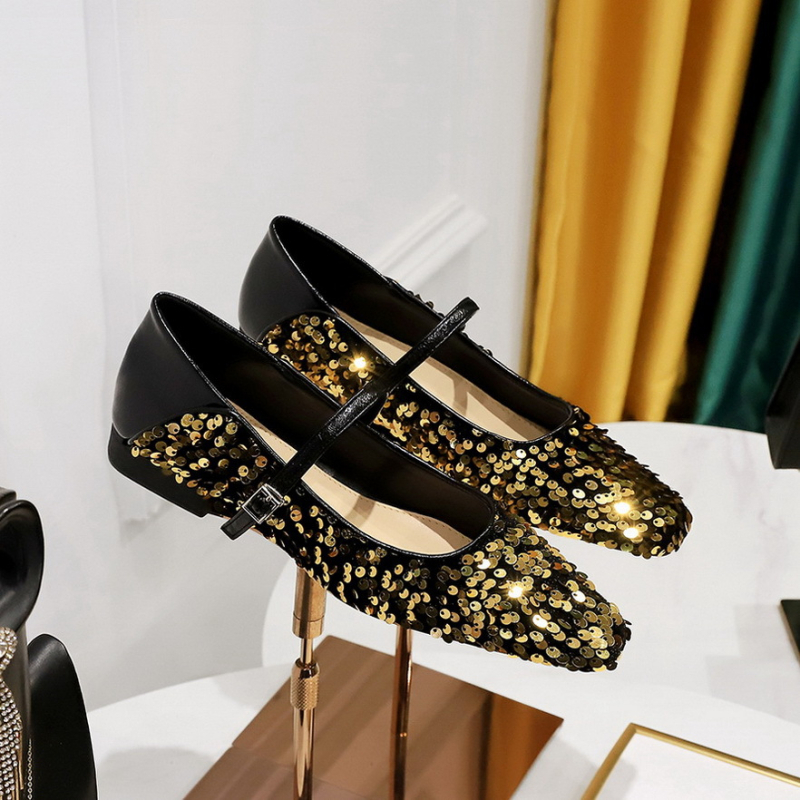 792-8 Koreai divatos lapos sarkú cipők tavaszi és őszi, sekély szájú, kis szögletes fejű, csillogó flitterekkel ellátott, lapos sarkú női cipők