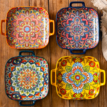 Bohemiška keraminė kvadratinė lėkštė su dviem ausimis, skirta naudoti namuose, vertingiems patiekalams, vaisiams, makaronams, tinkama naudoti orkaitėje ir mikrobangų krosnelėje