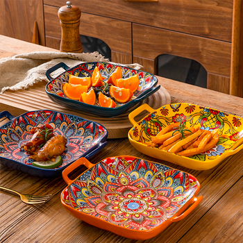 Bohemiška keraminė kvadratinė lėkštė su dviem ausimis, skirta naudoti namuose, vertingiems patiekalams, vaisiams, makaronams, tinkama naudoti orkaitėje ir mikrobangų krosnelėje