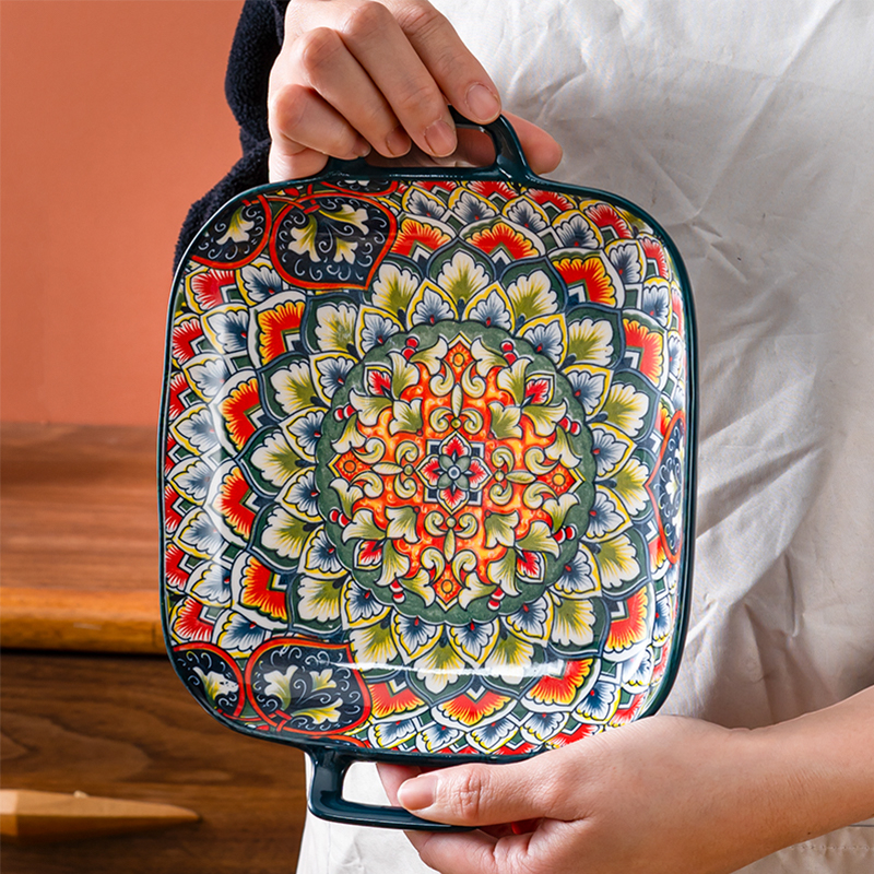 Bohemiška keraminė kvadratinė lėkštė su dviem ausimis, skirta naudoti namuose, vertingiems patiekalams, vaisiams, makaronams, tinkama naudoti orkaitėje ir mikrobangų krosnelėje