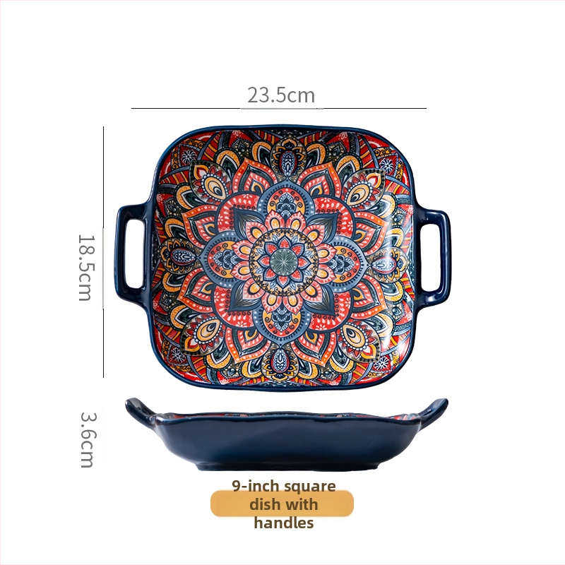 Bohemiška keraminė kvadratinė lėkštė su dviem ausimis, skirta naudoti namuose, vertingiems patiekalams, vaisiams, makaronams, tinkama naudoti orkaitėje ir mikrobangų krosnelėje