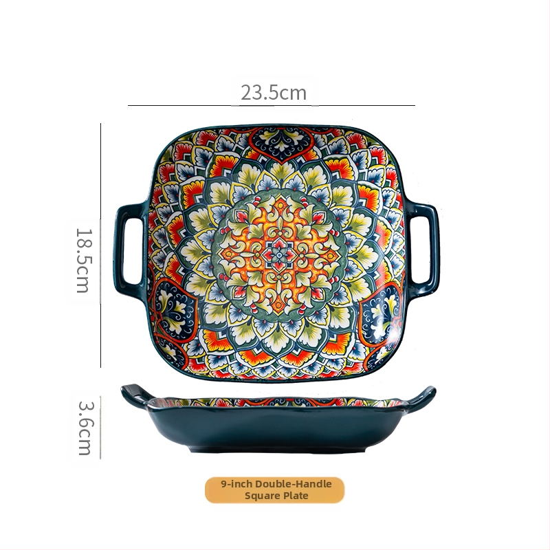 Bohemiška keraminė kvadratinė lėkštė su dviem ausimis, skirta naudoti namuose, vertingiems patiekalams, vaisiams, makaronams, tinkama naudoti orkaitėje ir mikrobangų krosnelėje