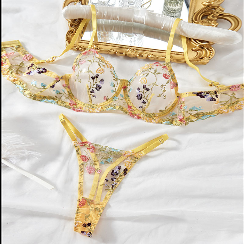 Szexi Fehérnemű Cross-Border Supply Hímzett Merevítős Push-Up Áttetsző Tanga Szett Cross-Border Exclusive Supply