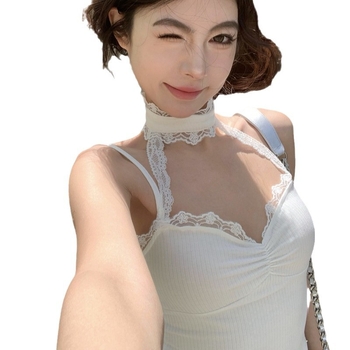 Pure Sexy Spice Girl Γυναικείο Καλοκαιρινό Εσωτερικό Μπλούζα με Κρεμαστό Λαιμόκοψη και Στενή Γραμμή, Κοντό Δαντελένιο Τοπ