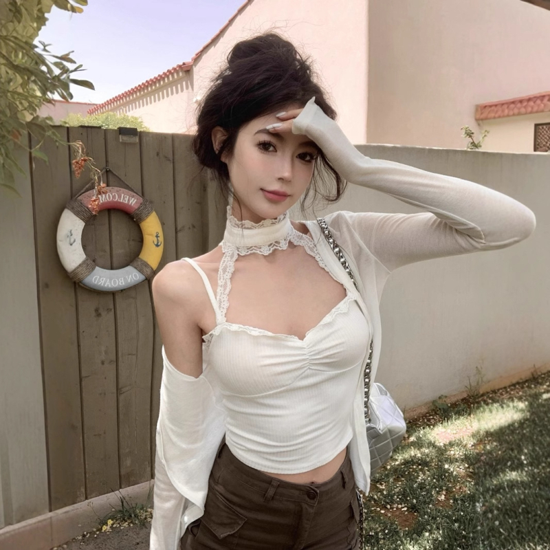 Szexi Spice Girl függőnyakú női nyári belső viselet, karcsúsított, rövid csipkés felső